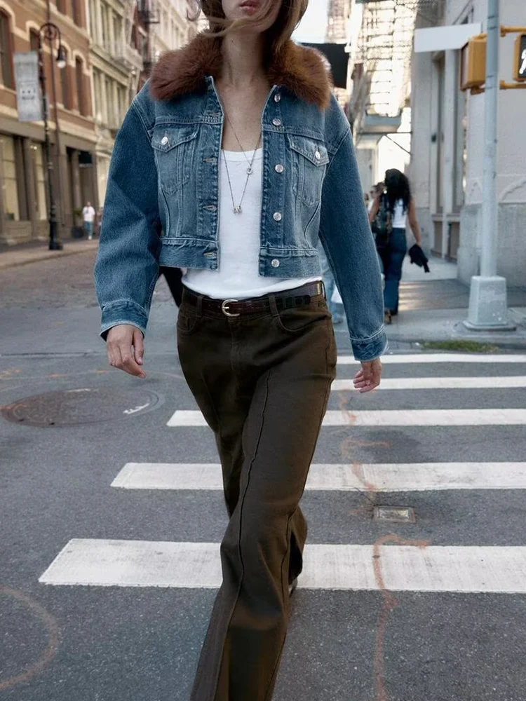 

European and American style autumn new fashion trend women's clothing short faux fur lapel denim jacket
