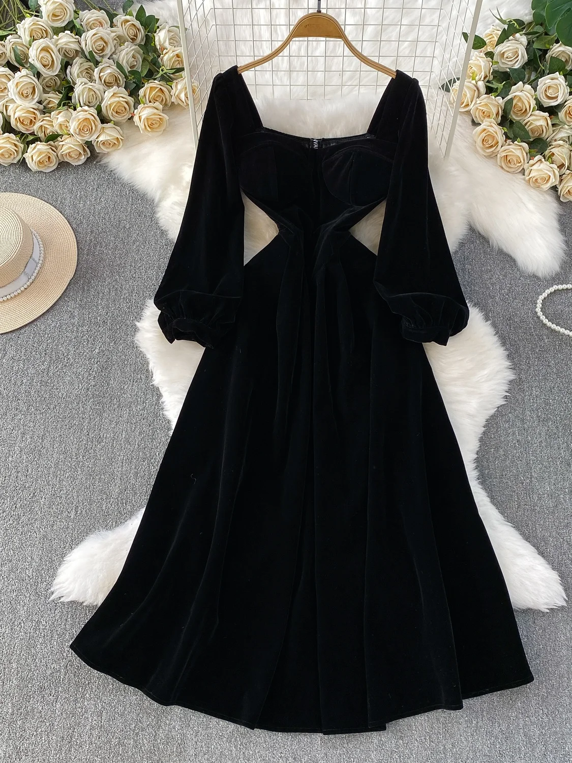 Ele cuello cuadrado linterna Sve Dr mujer Otoño Invierno boda Dr adelgazante largo Dr cintura alta A-Line falda