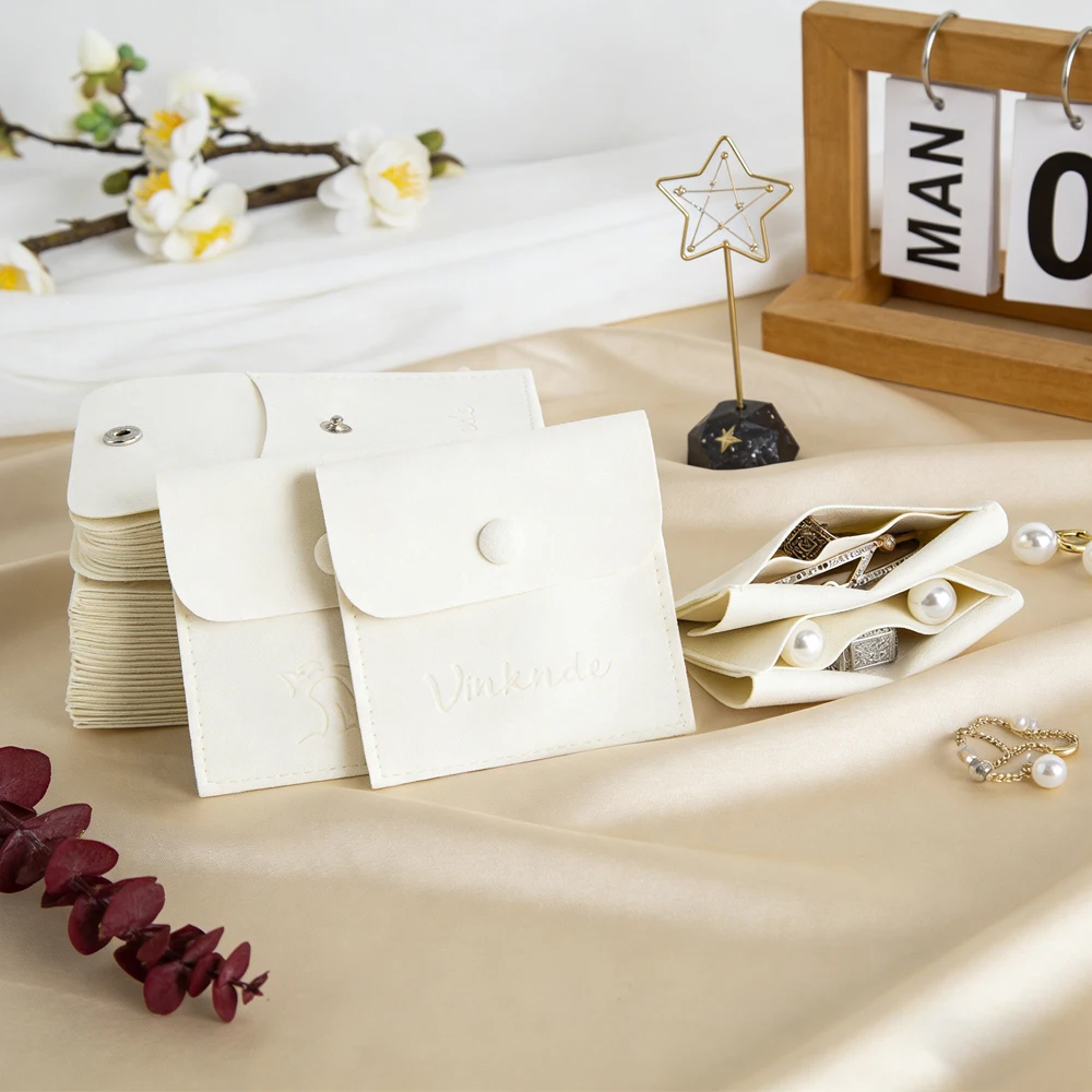 

50/100pcs Customized Logo Snap Button Velvet Divider Bag Jewelry Pouches Personalized Small Packaging Beige Microfiber Gift Bags