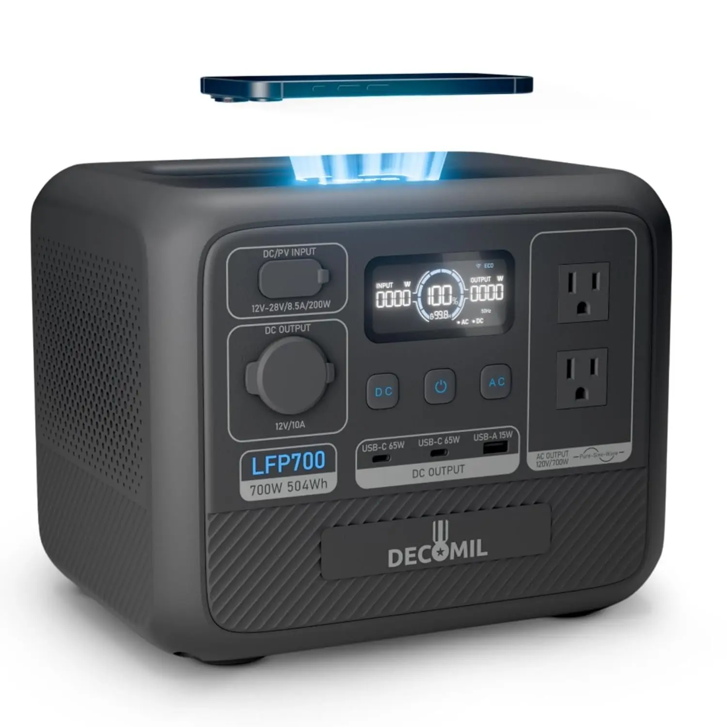 

Портативная электростанция LFP700, аккумулятор LiFePO4 504 Вт·ч, выход переменного тока 700 Вт (пиковая мощность 1200 Вт), беспроводная зарядка, 80% зарядки за 50 минут, индивидуальная настройка