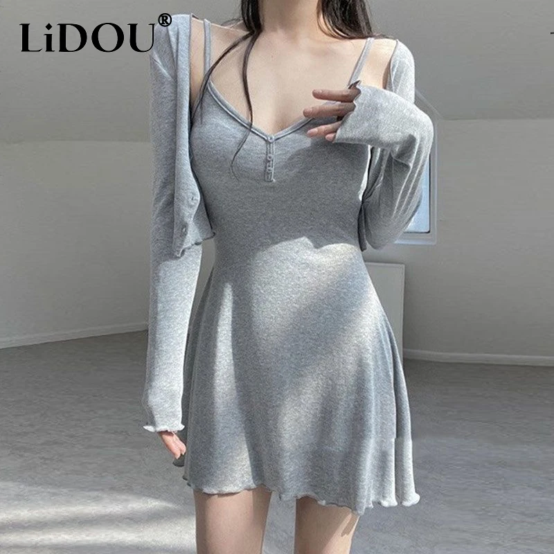 

Summer New Solid Color Sexy Fashion Slip A-line Mini Dress Cardigan Top Set Women Slim Elegant Fashion Vestidos Long Sleeve Suit
