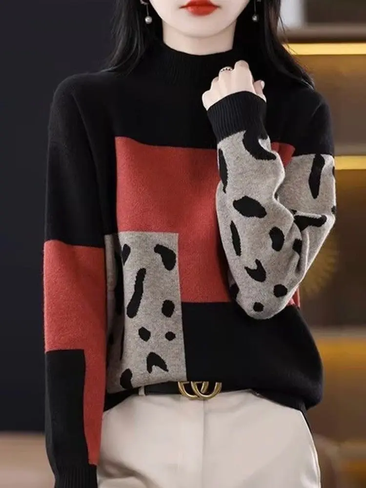 

Thickened Half High Collar Splice Knitted Base Shirt Women's Fashionable Large Size Autumn Winter Sweater Commute Style