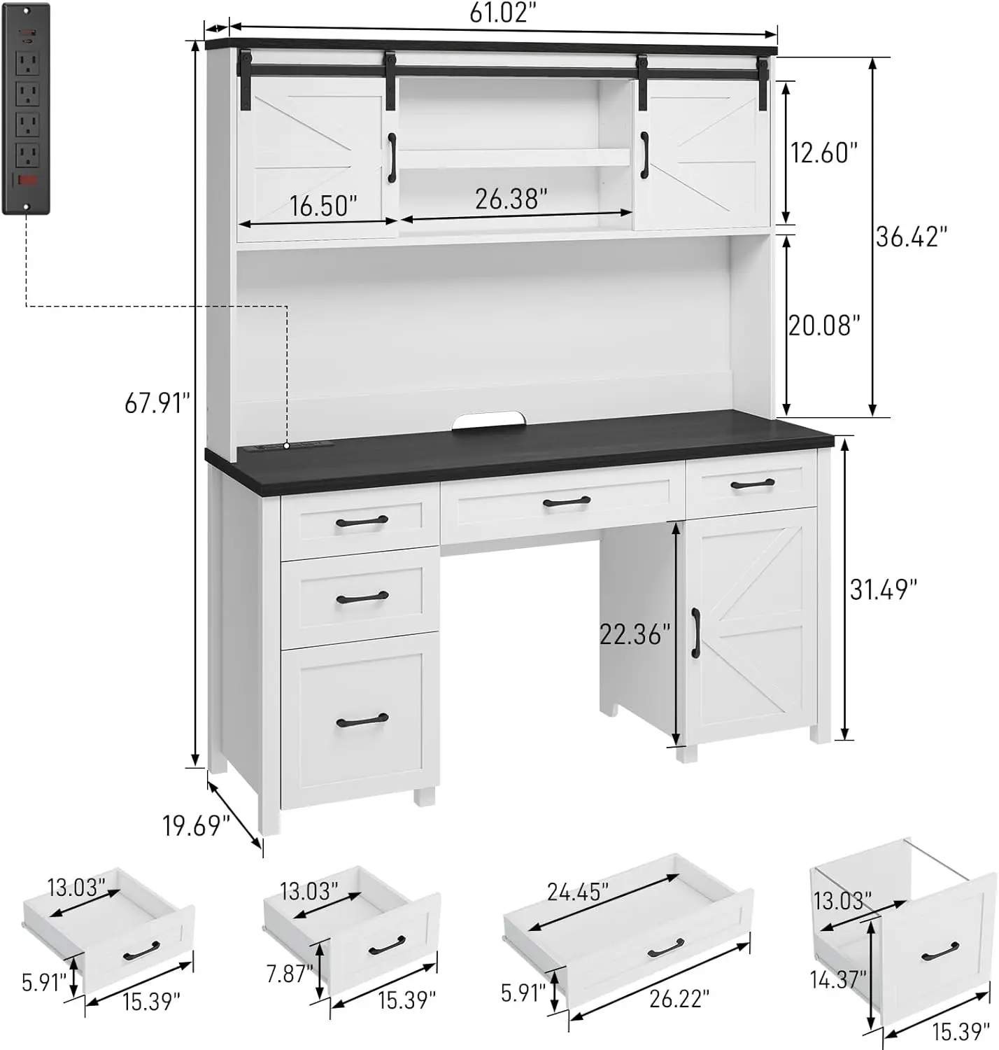 Farmhouse 67''H Executive Desk With Hutch & 5 Drawers, Rustic Office Desk Computer Desk With Charging Station, File Drawers And