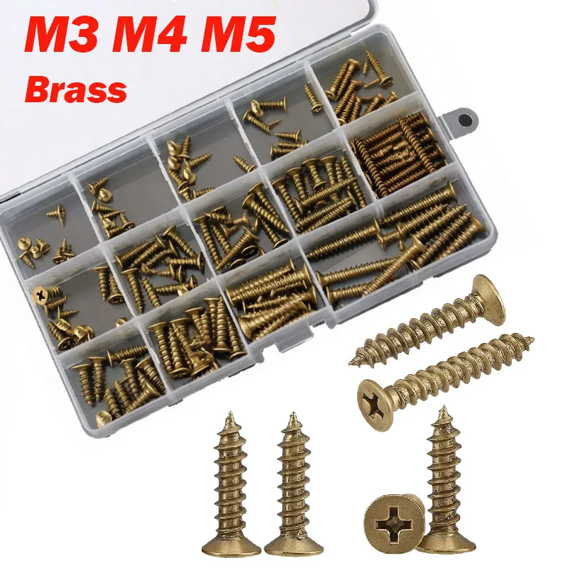M3 M4 M5 Brass Countersunk Head Tapping Screw Assortment Kit Copper Cross Recessed Phillips Flat Self-tapping Wood Screw Set