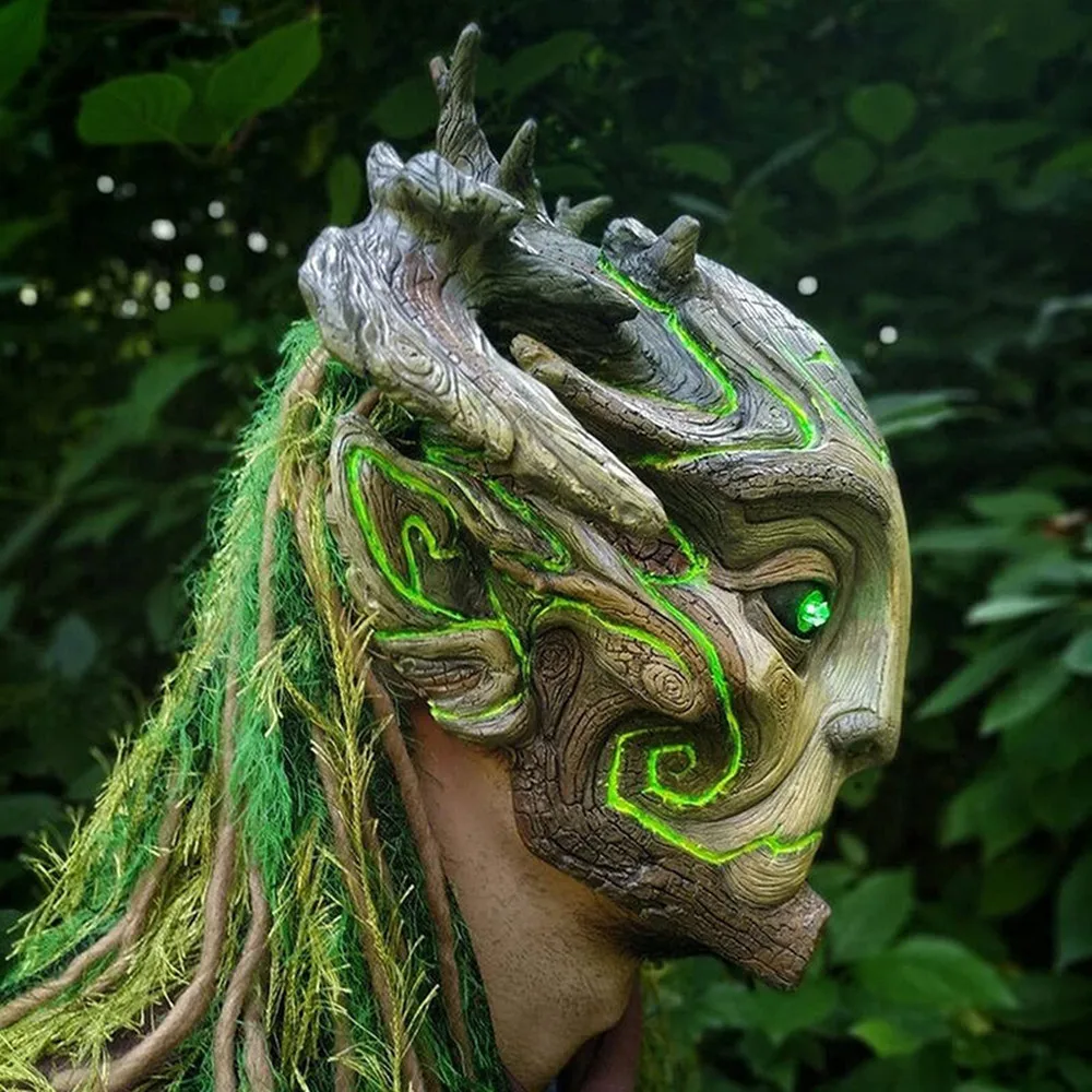 Geisterelfen-Waldmaske mit Kopfschmuck, Realistische Latex-Maskerade-Maske für Halloween-Cosplay-Kostüme und Party-Requisiten, Die Augen Leuchten Auf – Detail 4