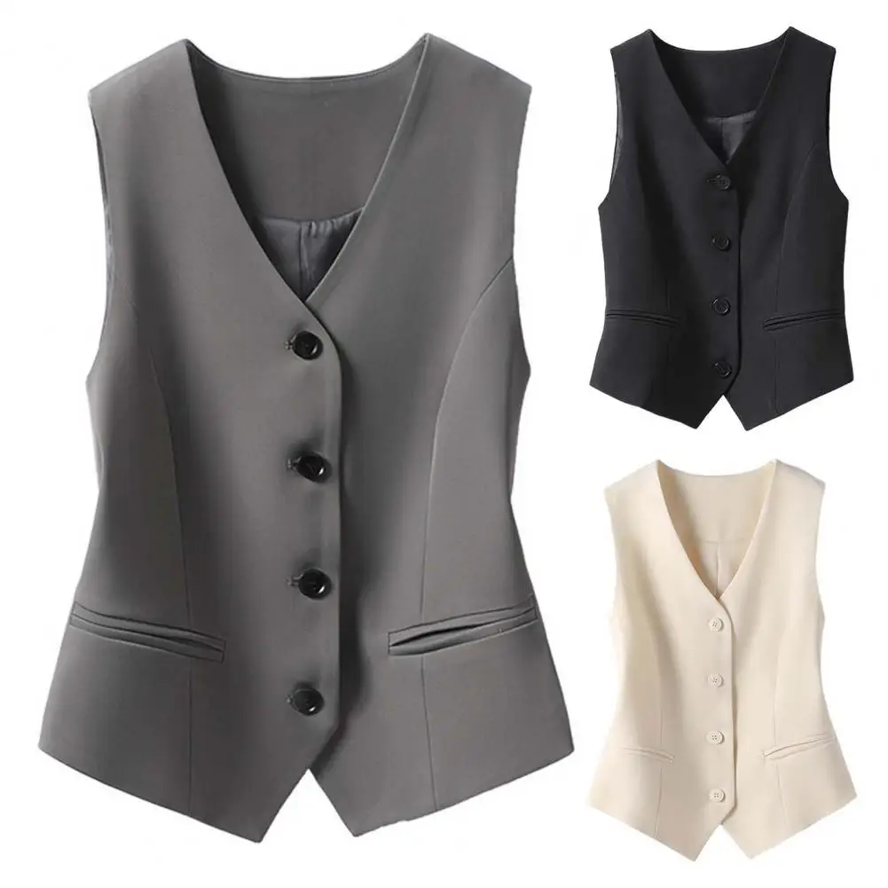 Women Formal Vest Elegant Women\'s Sleeveless V-neck Waistcoat Slim Fit Cardigan Suit Coat Formal Business Style Lady Vest Solid