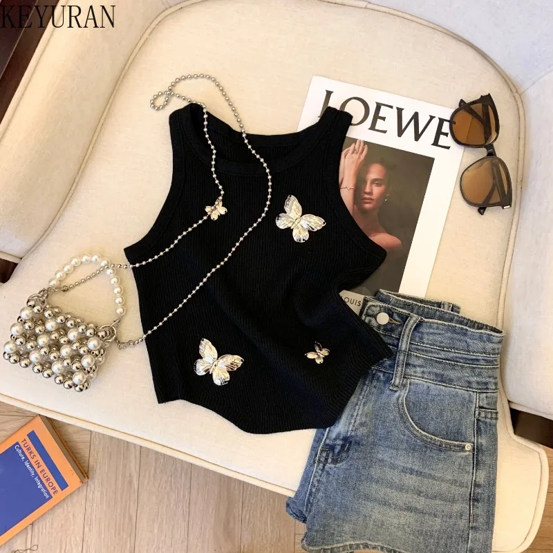 Butterfly Knitted Vest Women Clothes 2024 New Summer Sweet Temperament Slim Sleeveless Sweater Suspender Tank Tops Black White