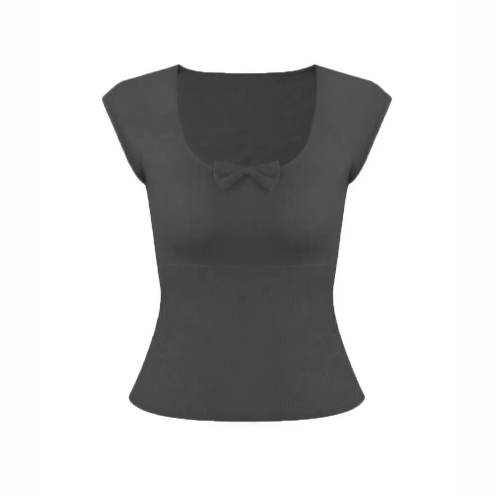 

Round Neck Korean Y2K Crop Tops Solid Color Short Sleeves Bowknot Knit T-shirt Women Clothing Sweet Slim Short T-shirt Ladies