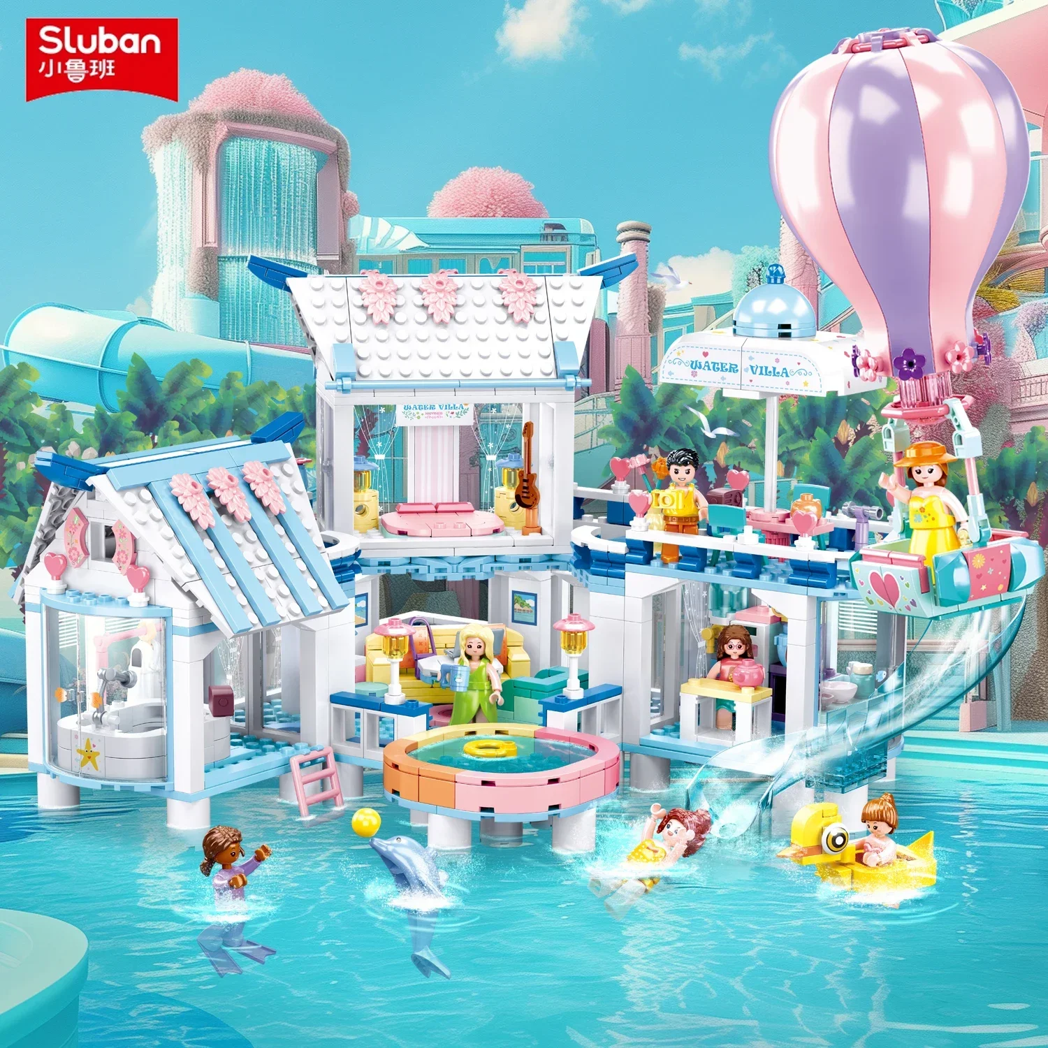 

938PCS Sea View Pool Villa Building Blocks Creative City Streetview Model Bricks Set With Figures Kids Educational Assembly Toys