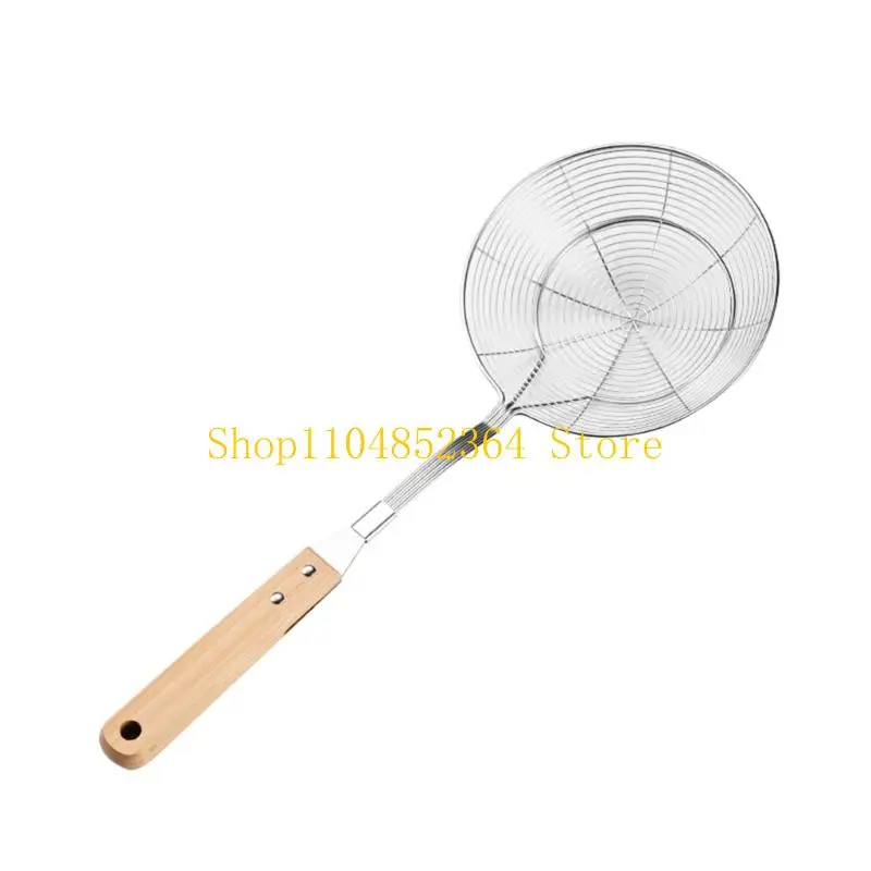

652F Проволочная скиммерная ложка из нержавеющей стали с деревянной ручкой, профессиональное ситечко для приготовления и жарки