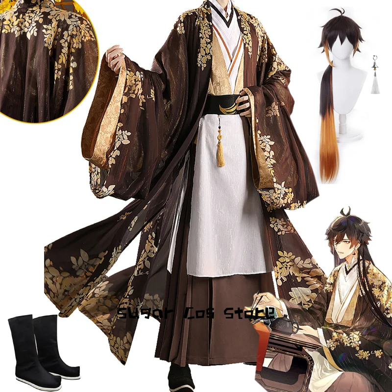 

Game Genshin Impact Zhongli Cosplay Costume Hanfu Ancient Costume Wig Morax Role Play Uniform Halloween Carnival Party Christmas