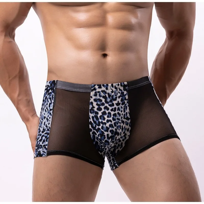 

Leopard Youth U Pouch Underwear Men's Ice Silk Boxer Shorts Transparent Flat Boxershort Thin Male Lingerie Breathable Mid-Waist