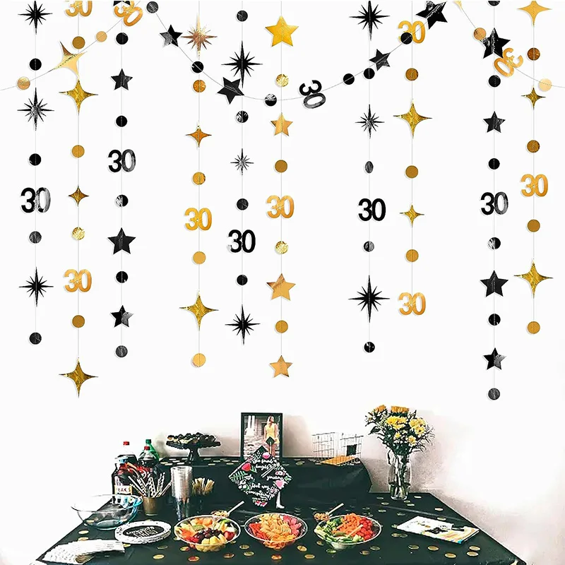Décorations de banderoles dorées et noires pour 30e anniversaire, guirlandes en papier étoiles, joyeux, sale, 30 ans, fournitures de fête de trente travailleurs