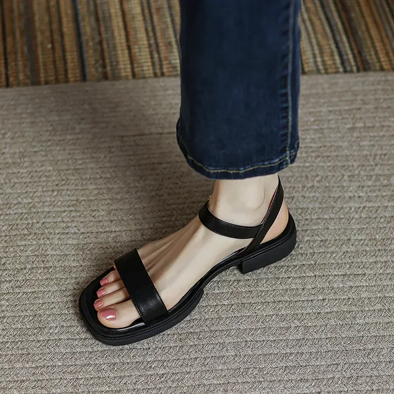 2024 Summer Women Sandals Low Heels Basic Genuine Leather Office Ladies Casual Outdoor Shoes Woman Concise plus size 35-42