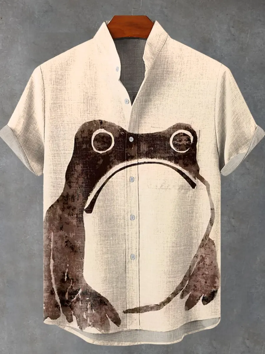 

Summer Japanese Frog Animal Retro Art 3D Printing Casual Fashion Linen Men's Flip-over Short Sleeve Shirt