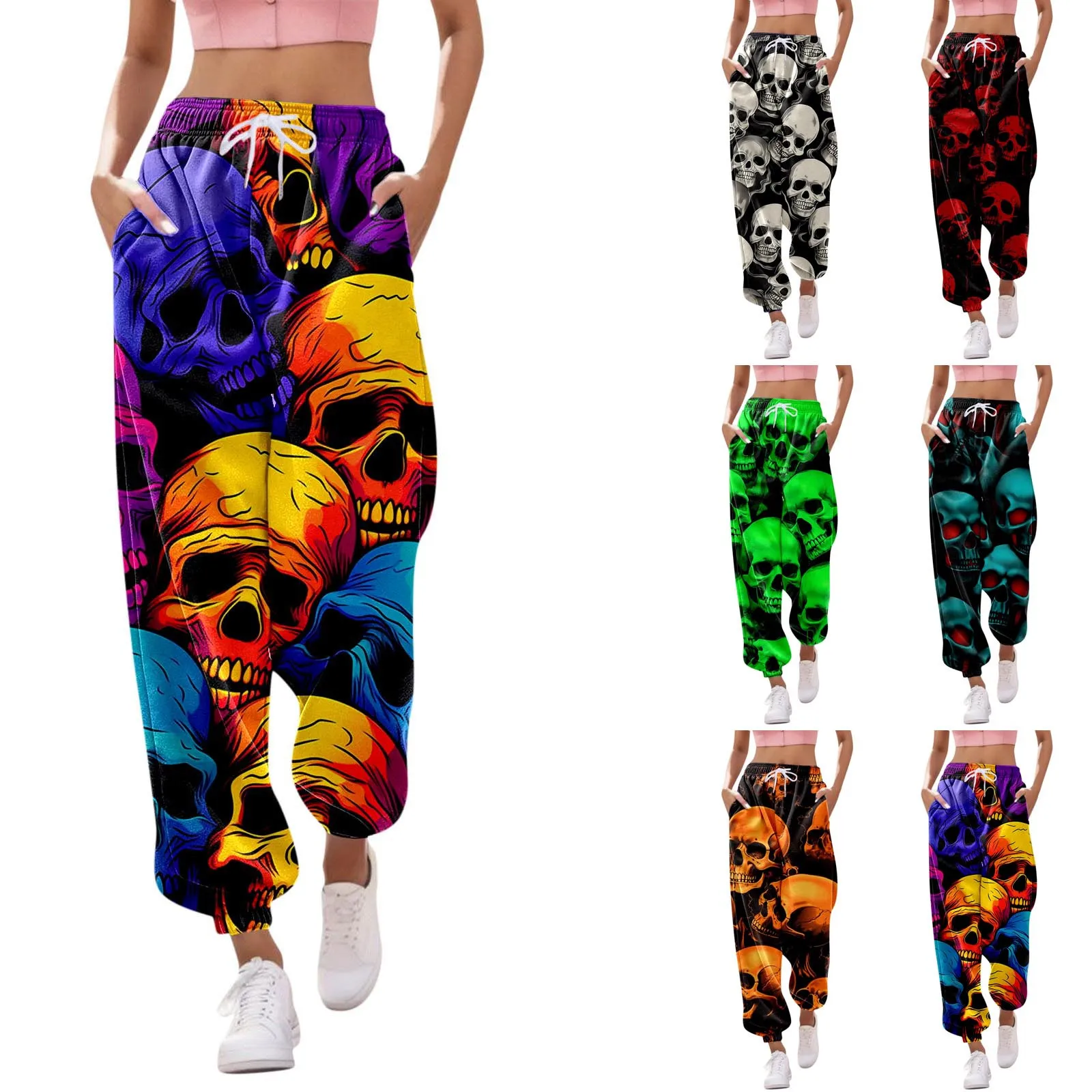 

Women Halloween Print Bottom Sweatpants Pockets High Waist Sporty Gym Athletic Fit Jogger Pants Trousers Casual Homewear