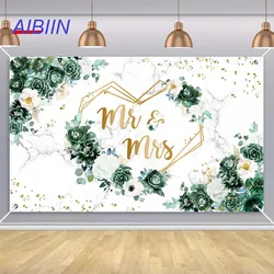 AIBIIN Miss to Mrs Wedding Banner Backdrop Green White Floral Gold Dot Party Decor Background Bridal Shower Engagement Photozone