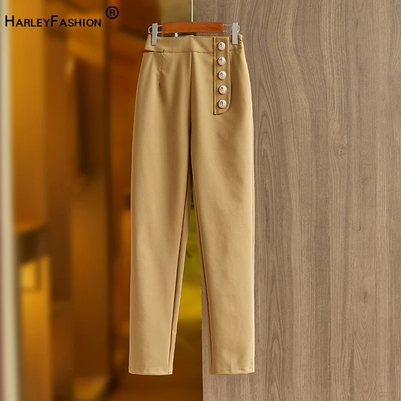 Cheap Price Quality Casual Designing Women Slim Slight Stretchy Pencil Pants Khaki Color Female Trousers