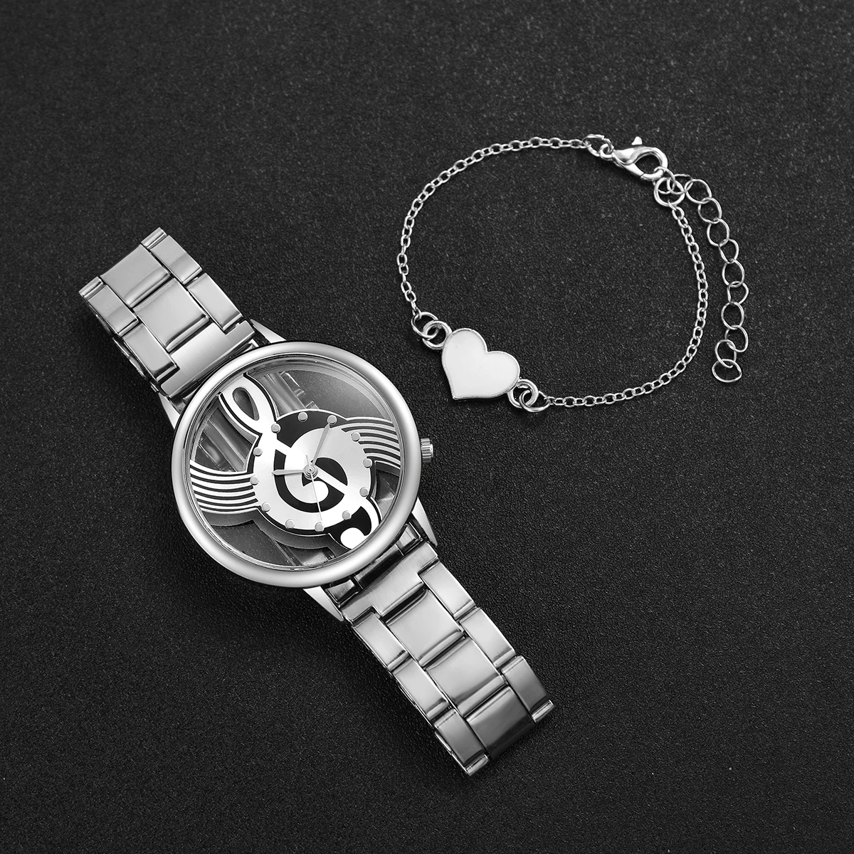 2PCS/Set Fashion Women\'s Watch Hollow-out Musical Note Dial Steel Band Quartz Watches Heart Bracelet Set