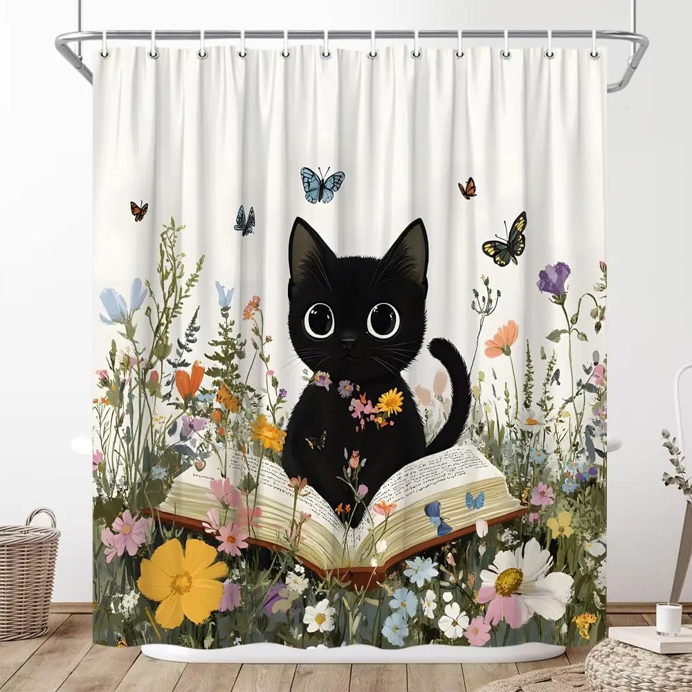 

Cute Cat Shower Curtain Boho Floral Wildflowers Garden Flowers Colorful Spring Plant Botanical Cartoon Watercolor Funny Animal
