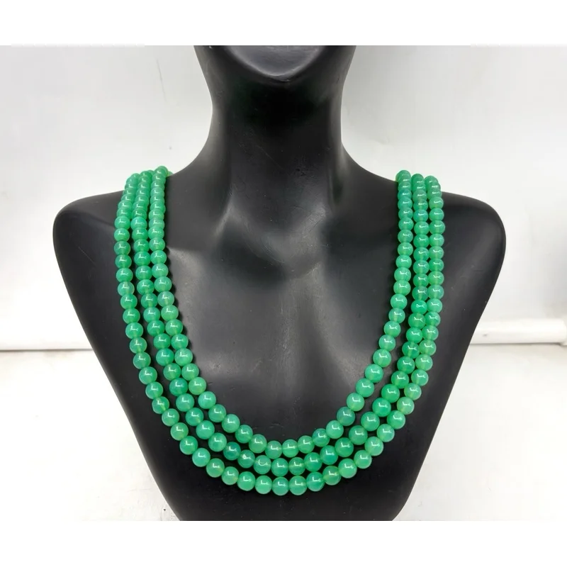 Three Line Chrysoprase Necklace 20” Round Smooth 4–5mm Sterling Silver