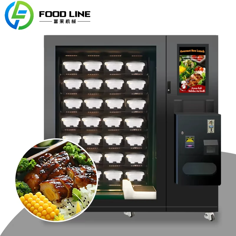 Kundenspezifischer automatischer Heißlebensmittelverkaufsautomat für Unternehmen. Professionelle Heißmehlenausgabegeräte mit Echtzeit-Heizsteuerung