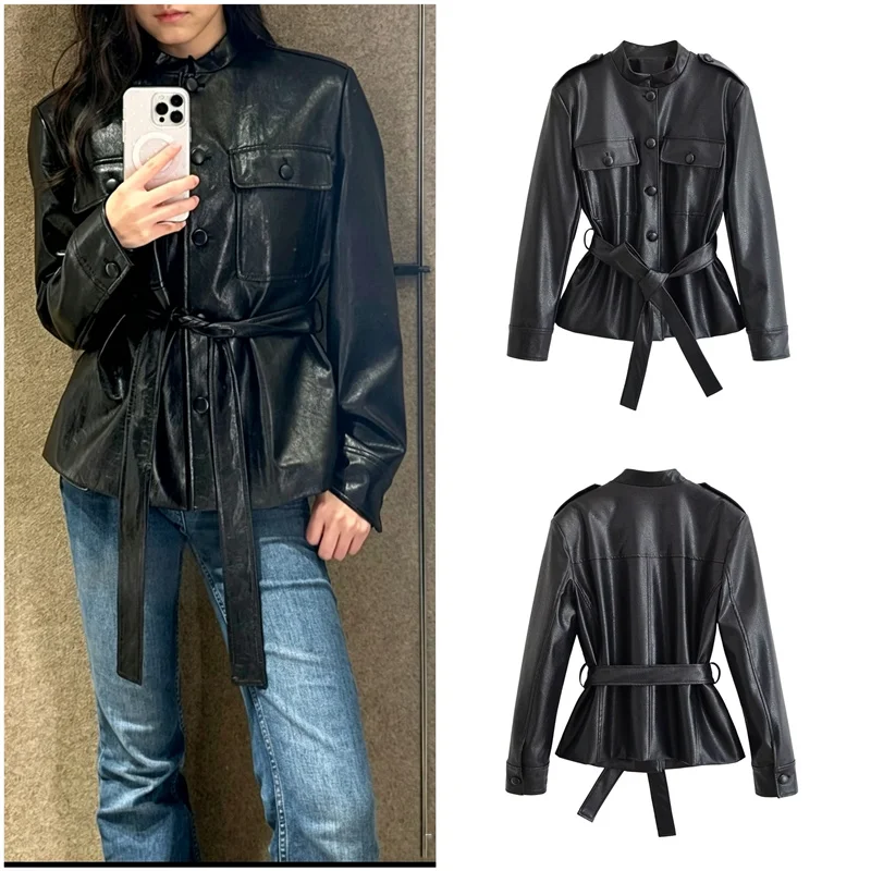 Guobioziy Women's Jacket 2026 Early Autumn New Arrival Fashion Stand Collar Solid Color Waist-Defined Leather-Effect Jacket