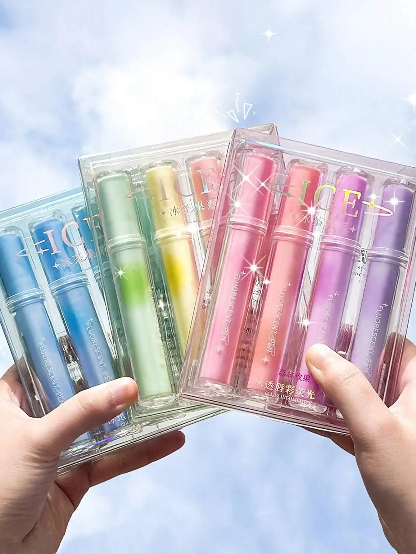 4pcs Clear Ice Style Highlighter Pens Set Oblique Brush Tip Fluorescent Color Marker Liner For Drawing Painting