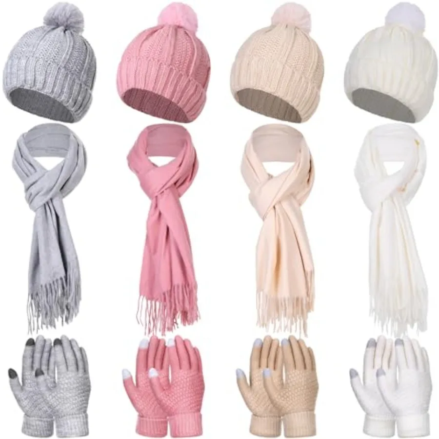 

12 Pcs Winter Beanie Hat Scarf Touchscreen Gloves Set Cold Weather Beanie Gloves Neck Warmer Set for Men Women