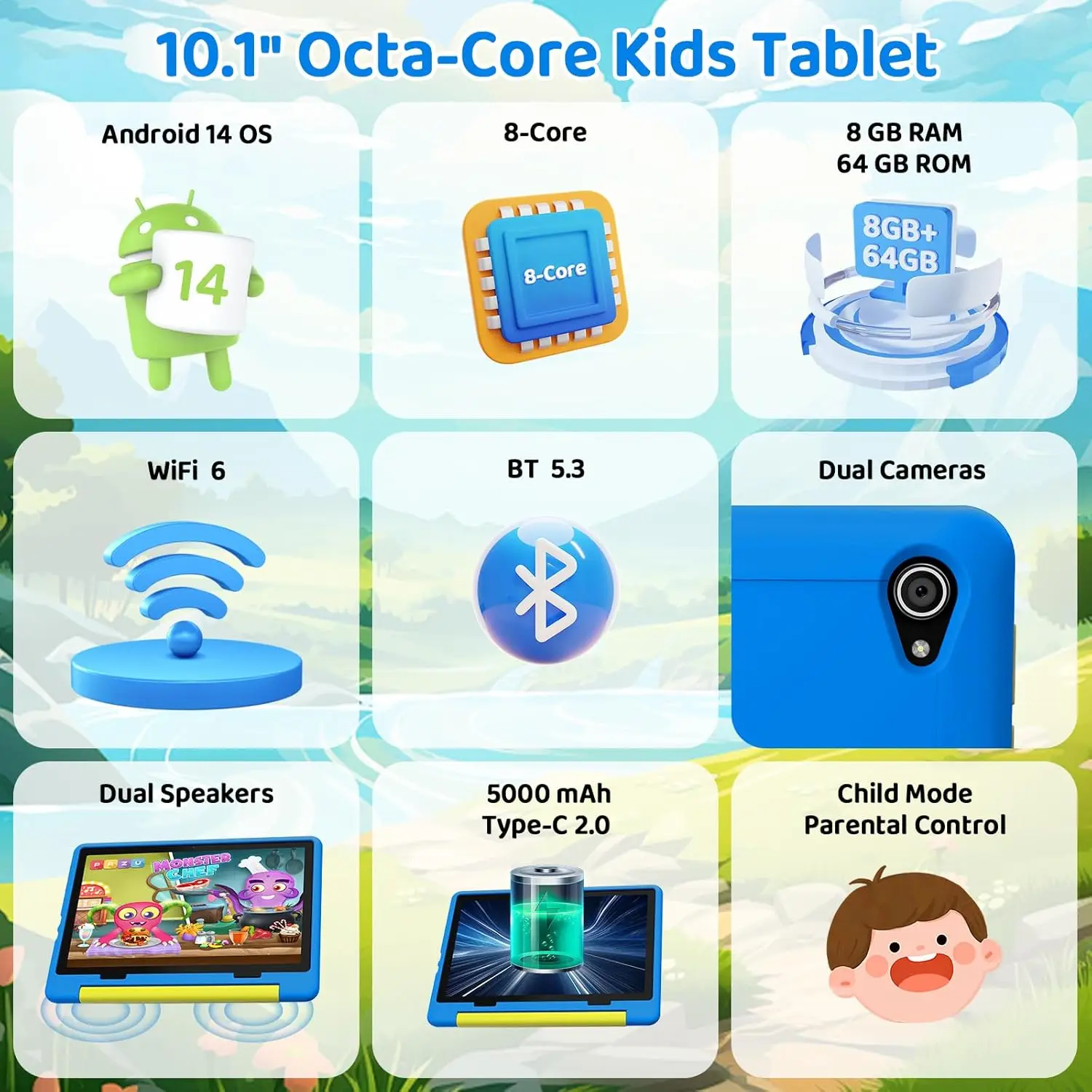 URAO 10 pollici modello cartone animato tablet per bambini Android Octa-Core 8 GB RAM 64 GB ROM giochi educativi per l'apprendimento compresse regali per bambini
