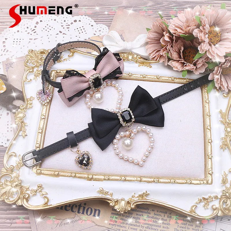 Handmade Japanese Style Soft Girl Sweet Cute Pearl Heart Bow Bracelets Female Rhinestone Leather Bracelet for Women Accessories