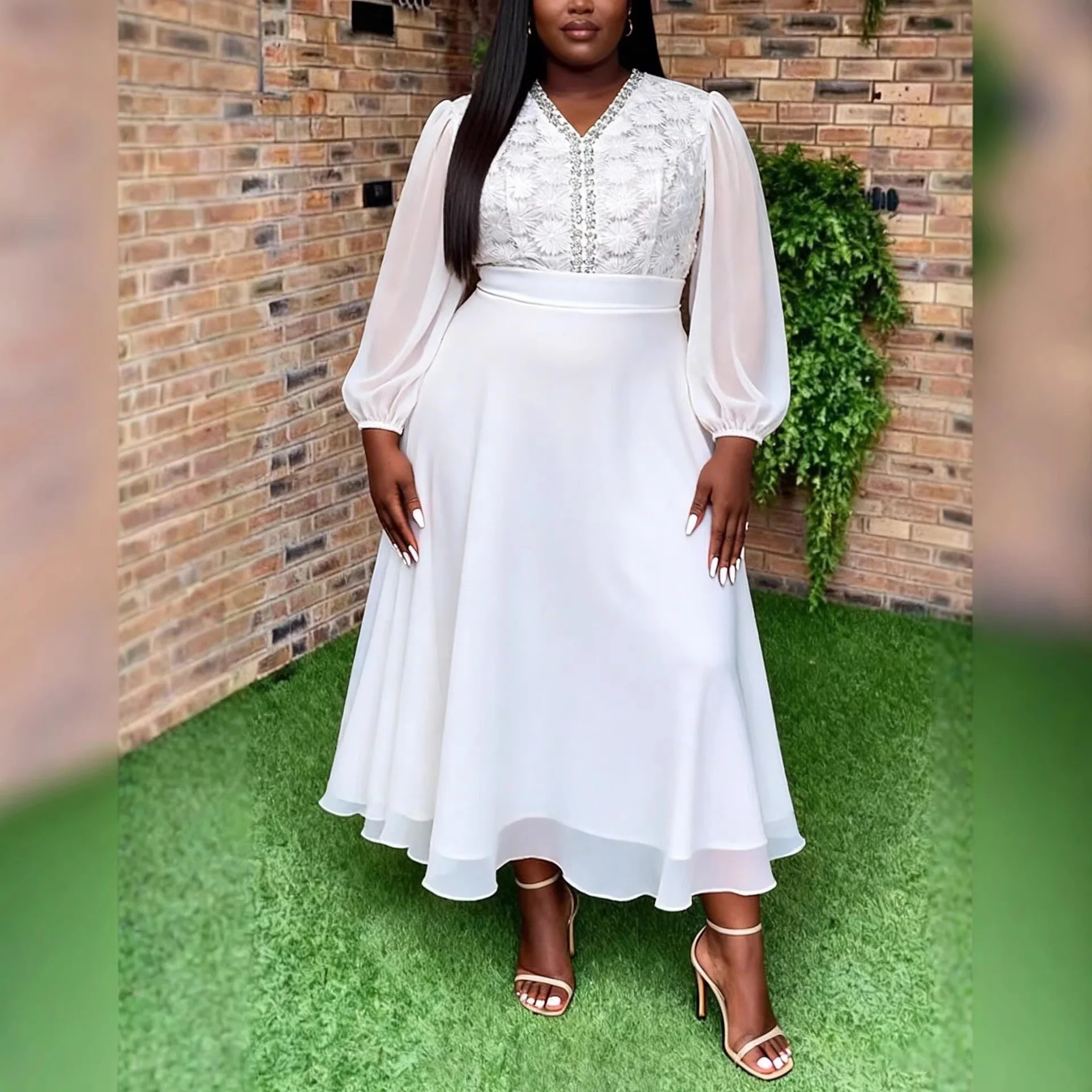 

Lace Plus Size African Dresses for Woman Spring Summer White African Long Sleeve V-neck Polyester Long Pleated Maxi Dresses