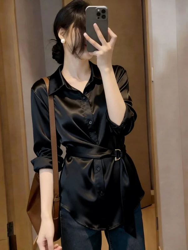 

Elegant V-Neck Acetate Satin Shirt Women's plus Size Spring Summer New Style Slimming Top Shoulder-Length Sleeves Korean Style