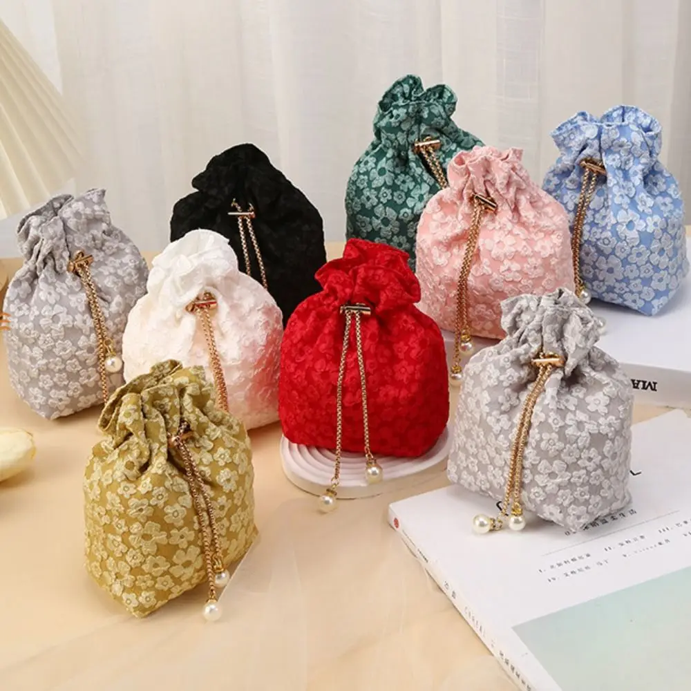 Bolsa con cordón de flores de perlas de gran capacidad, bolsa de azúcar festiva de estilo coreano, bolsa de embalaje de joyería de cadena, bolsa de cubo de boda