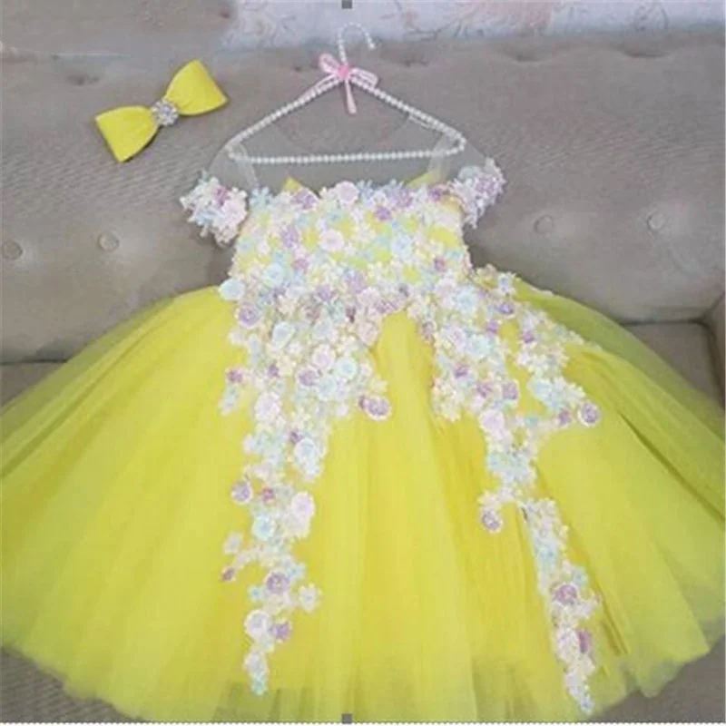 

New Yellow 3D Appliques Flower Girl Dresses Ruffled Tulle Pageant First Communion Lolita Birthday Party Gowns