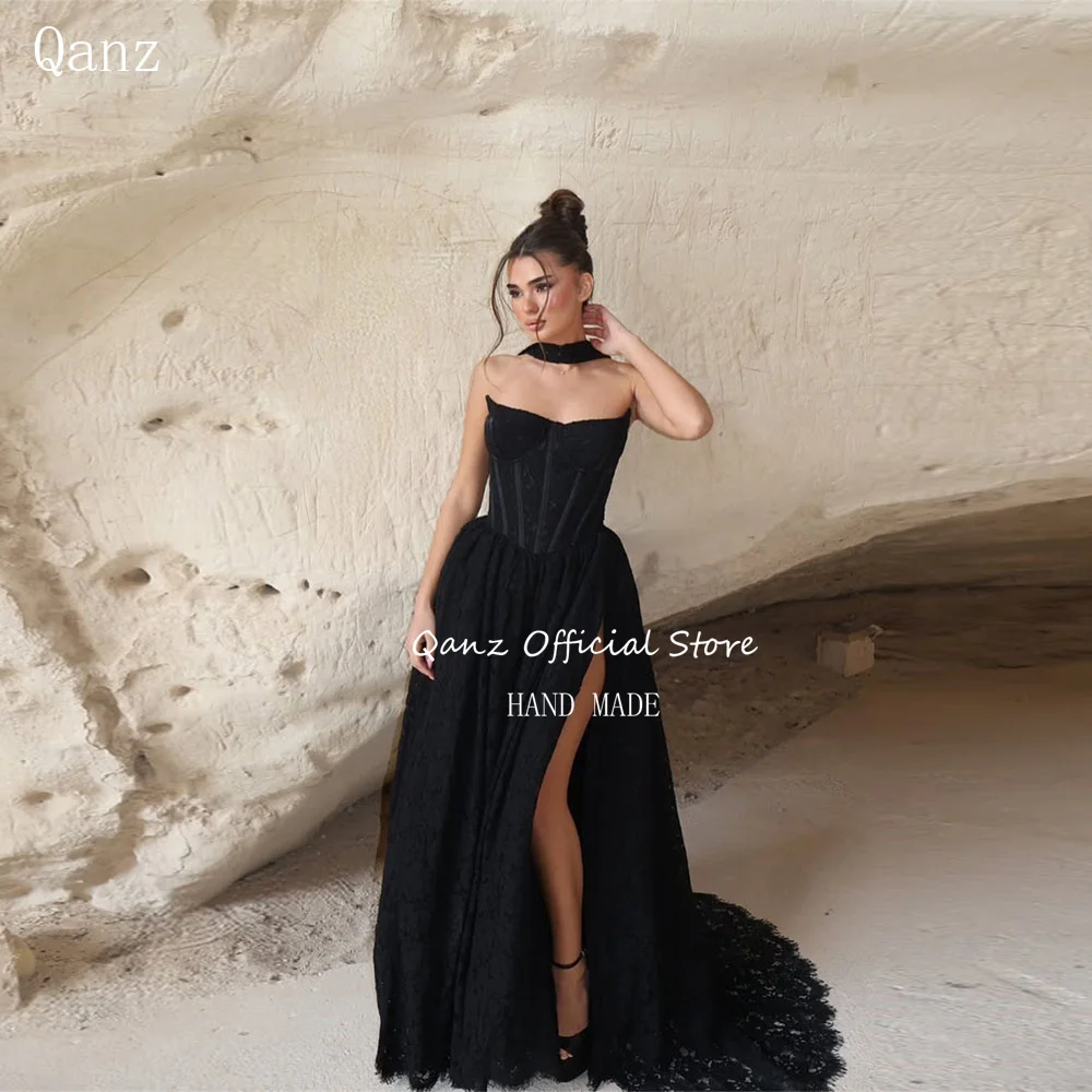 

Элегантные черные кружевные платья Qanz для выпускного вечера с высоким разрезом, женские свадебные и вечерние наряды с длинным шлейфом, вечерние платья с вырезом «сердечко», на заказ