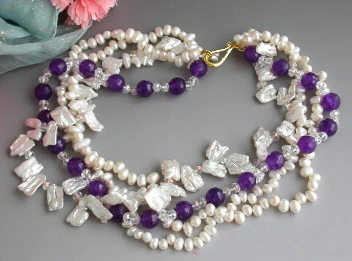 Favorite Pearl Jewelry,4Row 18'' Purple Rice Biwa Pearl Purple Jade Faceted Crystal Necklace,Classic Wedding Birthday Lady Gift