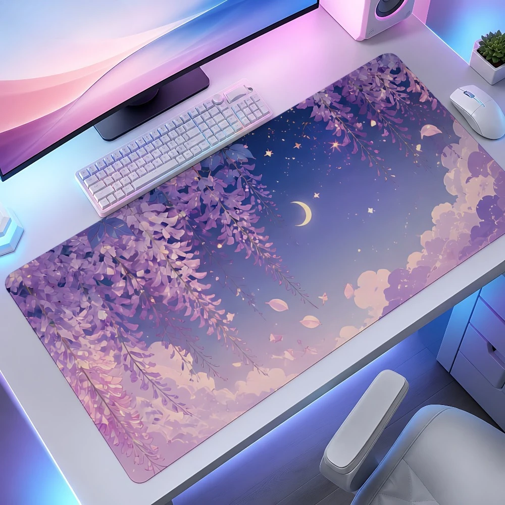 Purple and blue wisteria flower starry night mouse pad, desk decoration accessory, computer desktop beautification