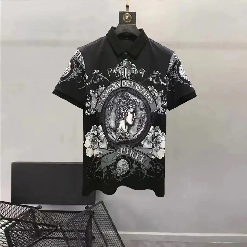 Europe and the United States men\'s 2024 summer new lapel Short-sleeved palace figure print fashion Casual T-shirt