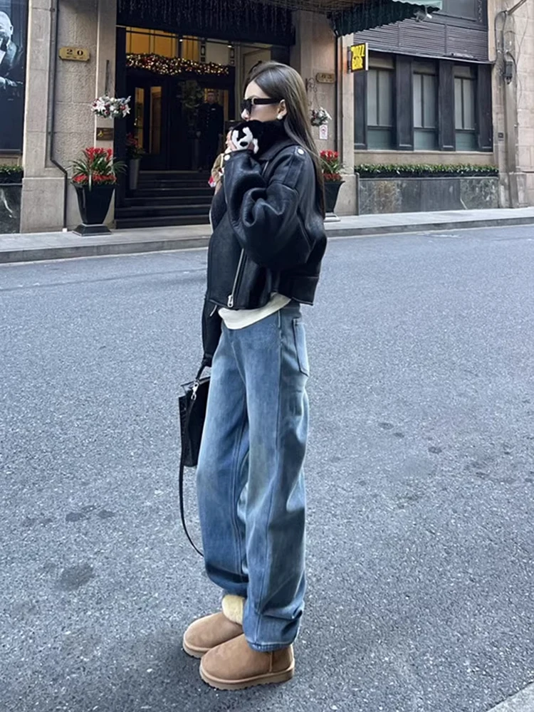 Jean en Denim pour femme, grande taille, doublé Fce, taille haute, ample, jambe droite, longueur au sol, pantalon d'hiver, bleu chaud