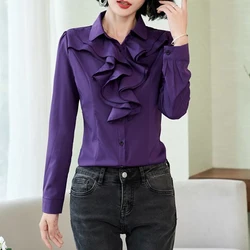 Spring Autumn New Pleated Slim All-match Shirt Tops Long Sleeve Polo Neck Solid Office Blouse Elegant Fashion Women Clothing