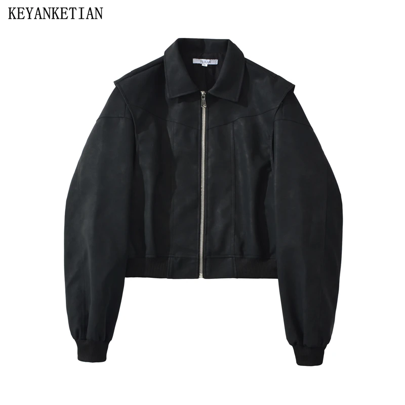 

KEYANKETIAN 2026 Spring New Women's Artificial Leather Jacket High Street Shoulder Pads Decoration Loose Blazer Bomber Outwear