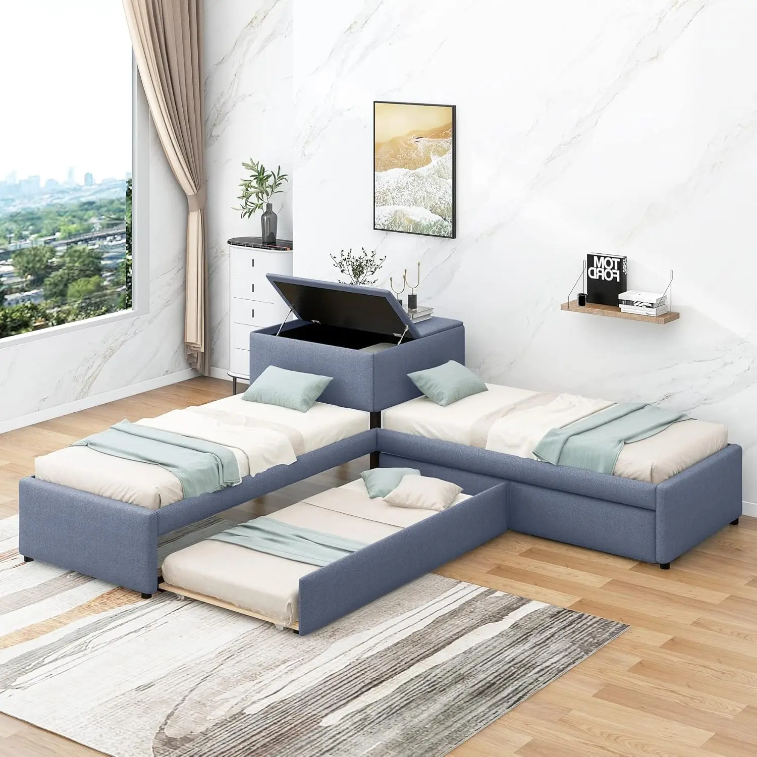 

Twin L-Shaped Platform Bed with Trundle and Drawers for 3 Kids, Modern Upholstered L-Shaped Bed with Small Table for Bedroom