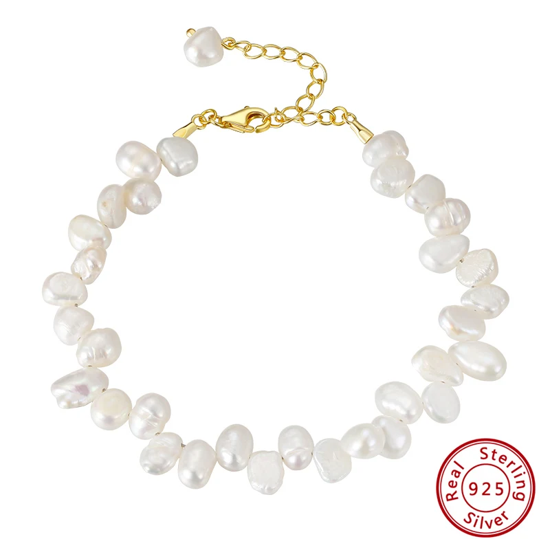 

KISS MANDY Genuine 925 Sterling Silver Freshwater Cultured Pearl Chain Bracelet for Women 14K Gold White Pearl Bracelet GPB02