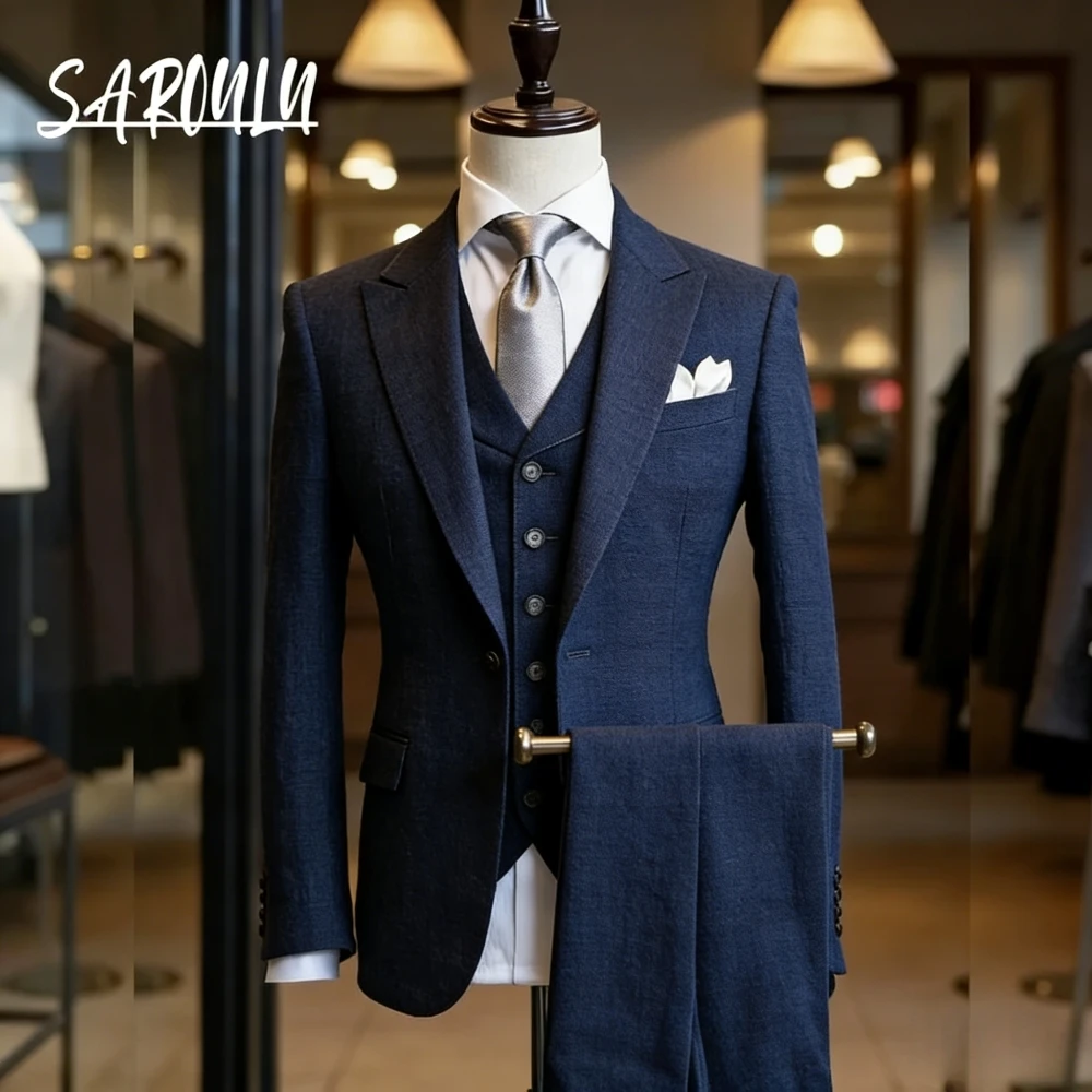 

Linen Fabric Men's Navy Blue 3 Piece Suit Tailored Fit Single Breasted Slim Fit Office Work Blazer Vest Pants Tuxedo New Arrival