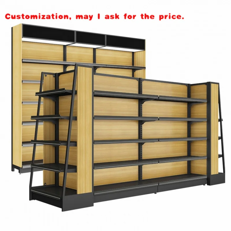 

Индивидуальные двусторонние современные розничные стеллажи по индивидуальному заказу, металлические полки для супермаркетов цвета дерева, легкий и сверхмощный магазин