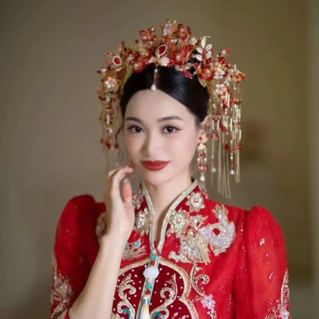 Red Bride Xiuhe Dress Chinese Style Grand Phoenix Crown Wedding Headwear Traditional Wedding Hair Accessories