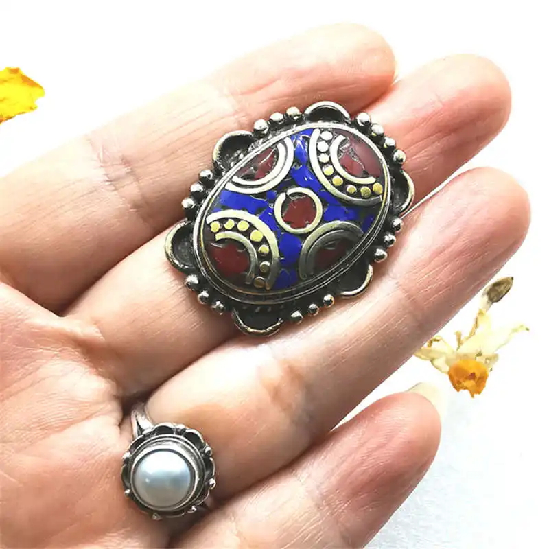 Nepal Vintage Flower Rings Copper Inlay Colorful Stone R186
