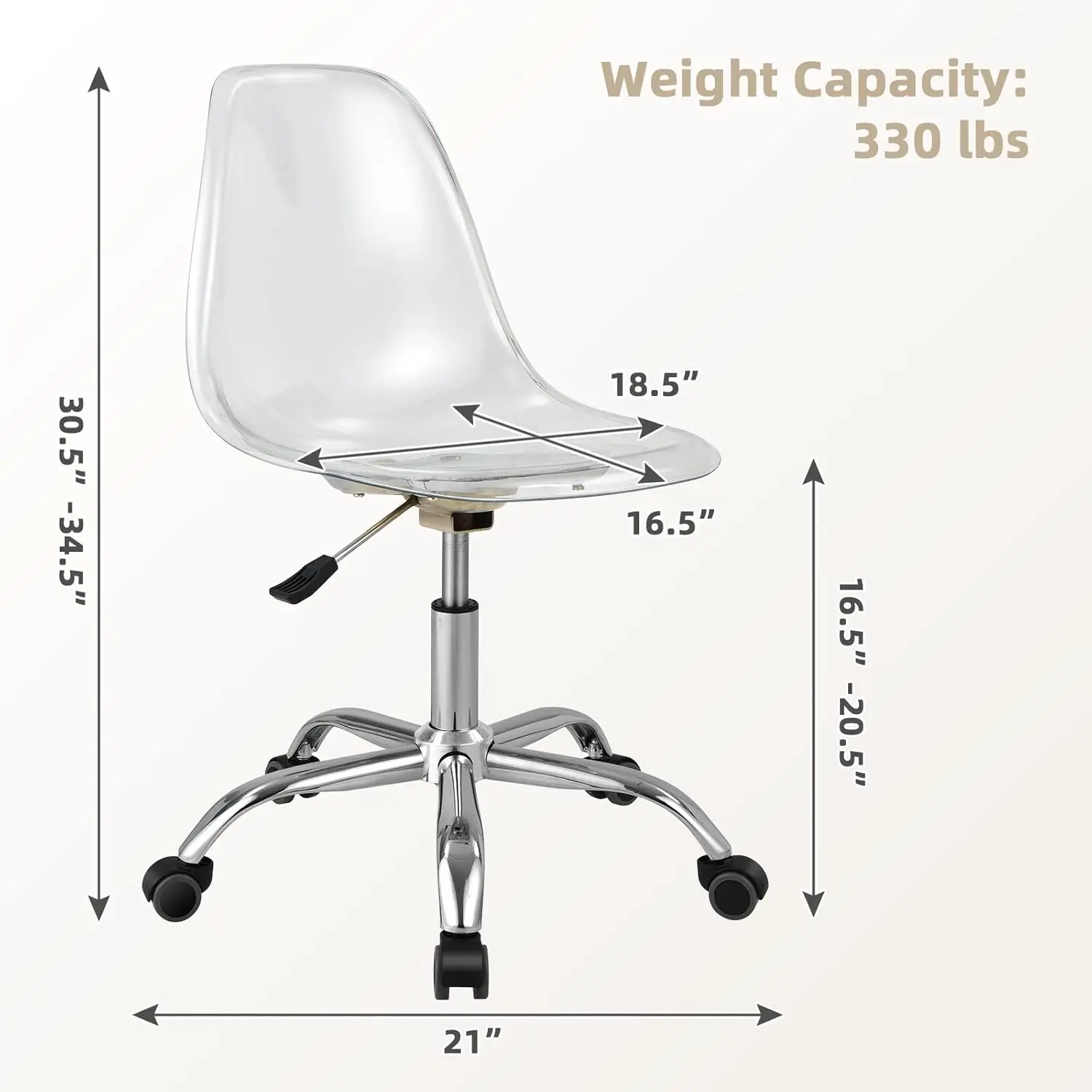 Acrylic Desk Chair, Clear Armless Office Rolling Chair, Height Adjustable Leisure Ghost Chair w/Chromed Base.