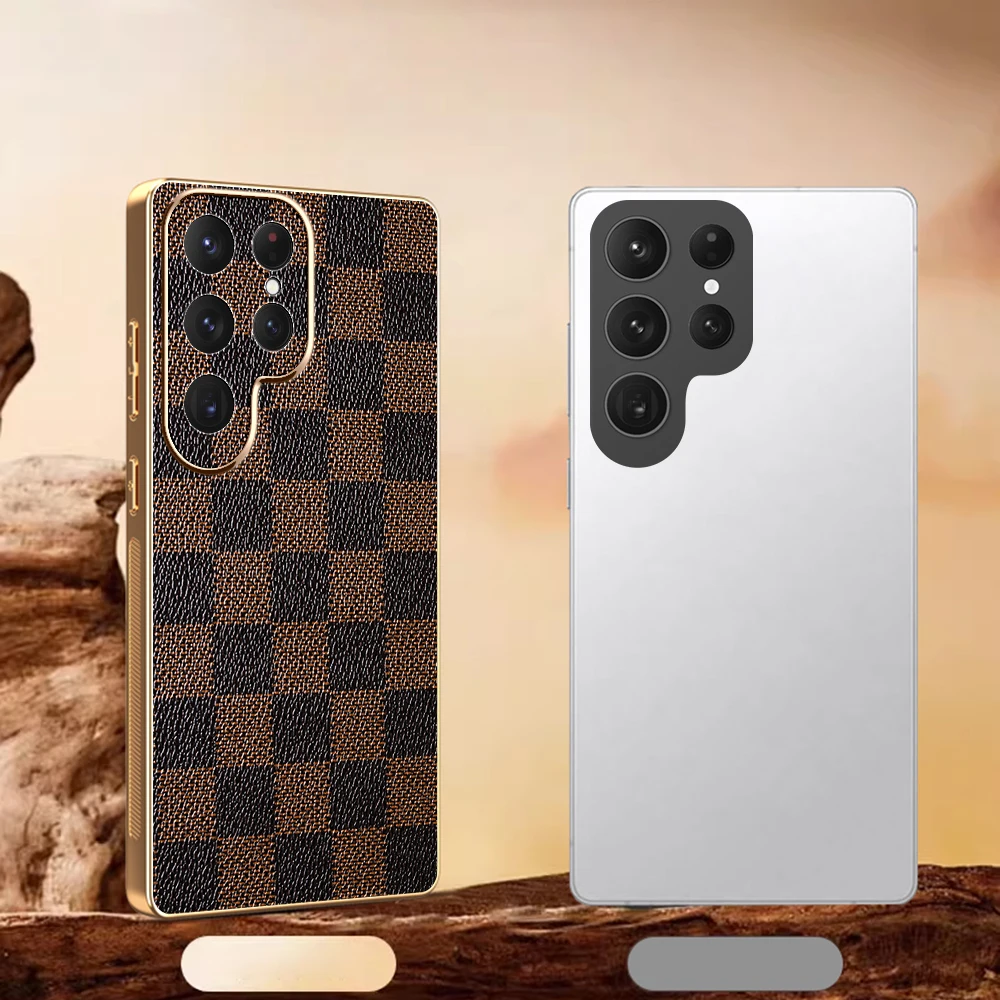 الأعمال عالية الجودة Sle حافظة جلدية لسامسونج S25 الترا إيدج S24 S23 S22 ليوبارد الشطرنج نمط للصدمات غطاء من البولي يوريثان